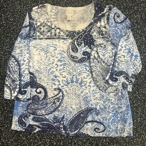 Chico's Blue and White Paisley 3/4 Sleeve Top